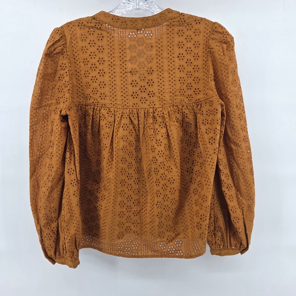 Madewell Eyelet Blouse XS Mustard Yellow Tie Neck Puff Sleeve Boho Eclectic - Picture 3 of 7